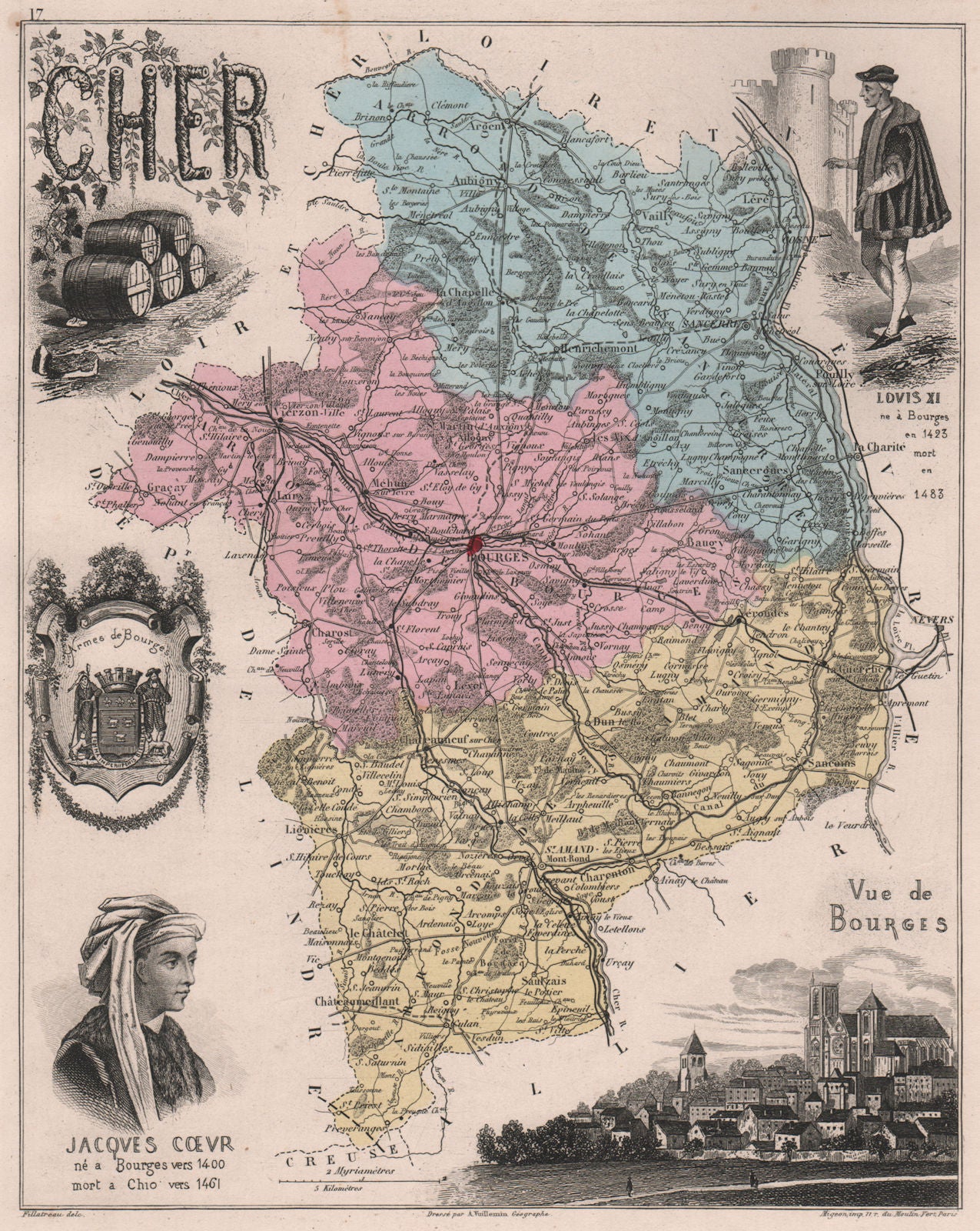 CHER. Département. Bourges. Couer. Louis XI. VUILLEMIN 1879 old antique map
